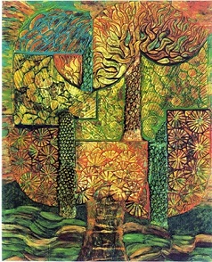 Mónica Sarmiento Castillo, Bosque y espacios7, 122x100cm, óleo y mixta Mónica Sarmiento